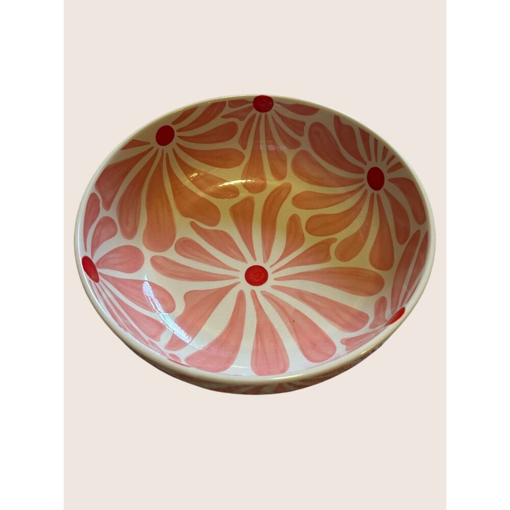 🌺 RISE & SHINE CERAMICS RETRO FLORAL DESIGN SERVING BOWL RED PINK 9.5" WIDE